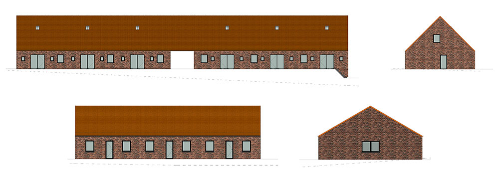 Illustration af nye seniorboliger som rækkehuse med teglfacader