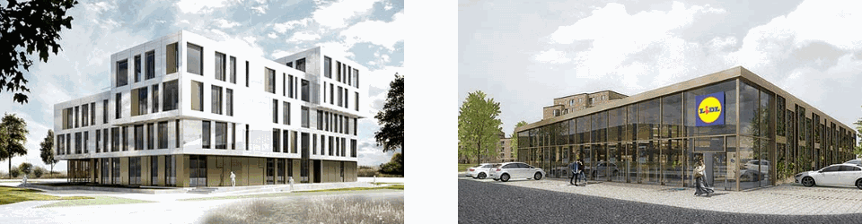 Kontorhuset er på 5.300 m² og butikken er i ét plan på 1.200 m²