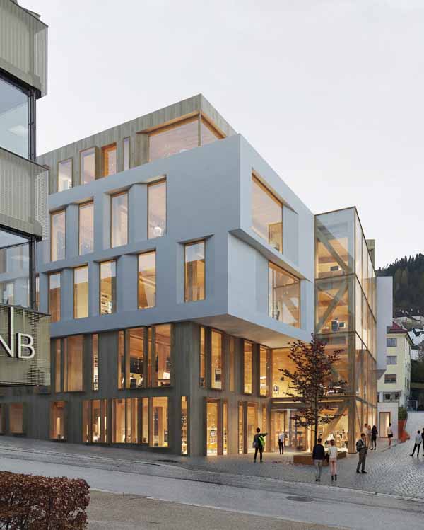 Illustrasjon av nybygg i Bergen i natur og hvitt